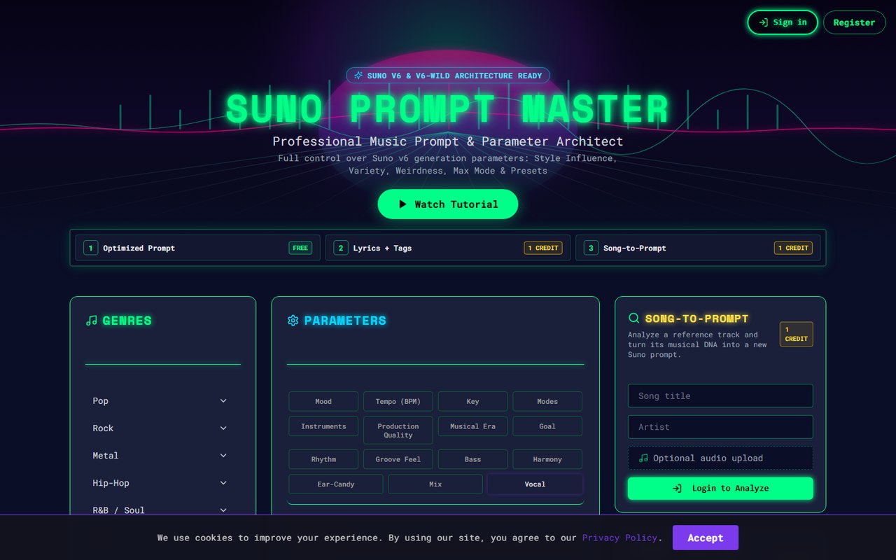 Homepage di Suno Prompt Master